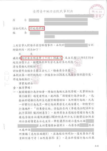 邱竑錡律師侵害配偶權訴訟，獲賠 36 萬－訴研