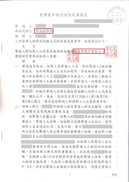 邱竑錡律師成年人扶養訴訟，扶養費減輕至1/10－訴研