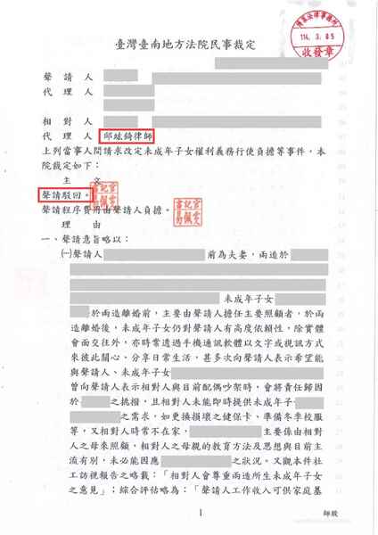 邱竑錡律師監護權勝訴，對方聲請改定監護權失敗－訴研