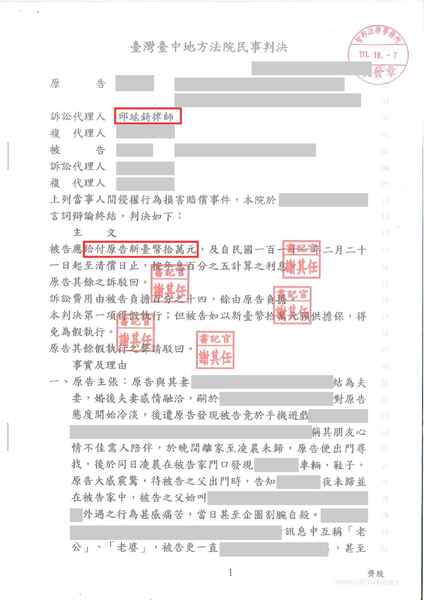 邱竑錡律師侵害配偶權訴訟，獲賠 10 萬－訴研