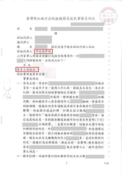 邱竑錡律師侵害配偶權勝訴，對方要求賠償失敗－訴研