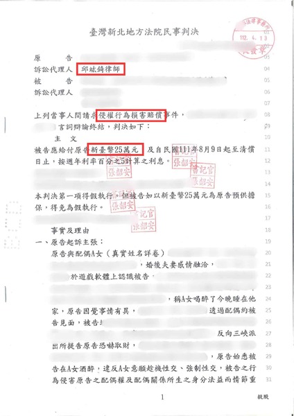 侵害配偶權假和解，邱竑錡律師出擊逆轉判賠25萬