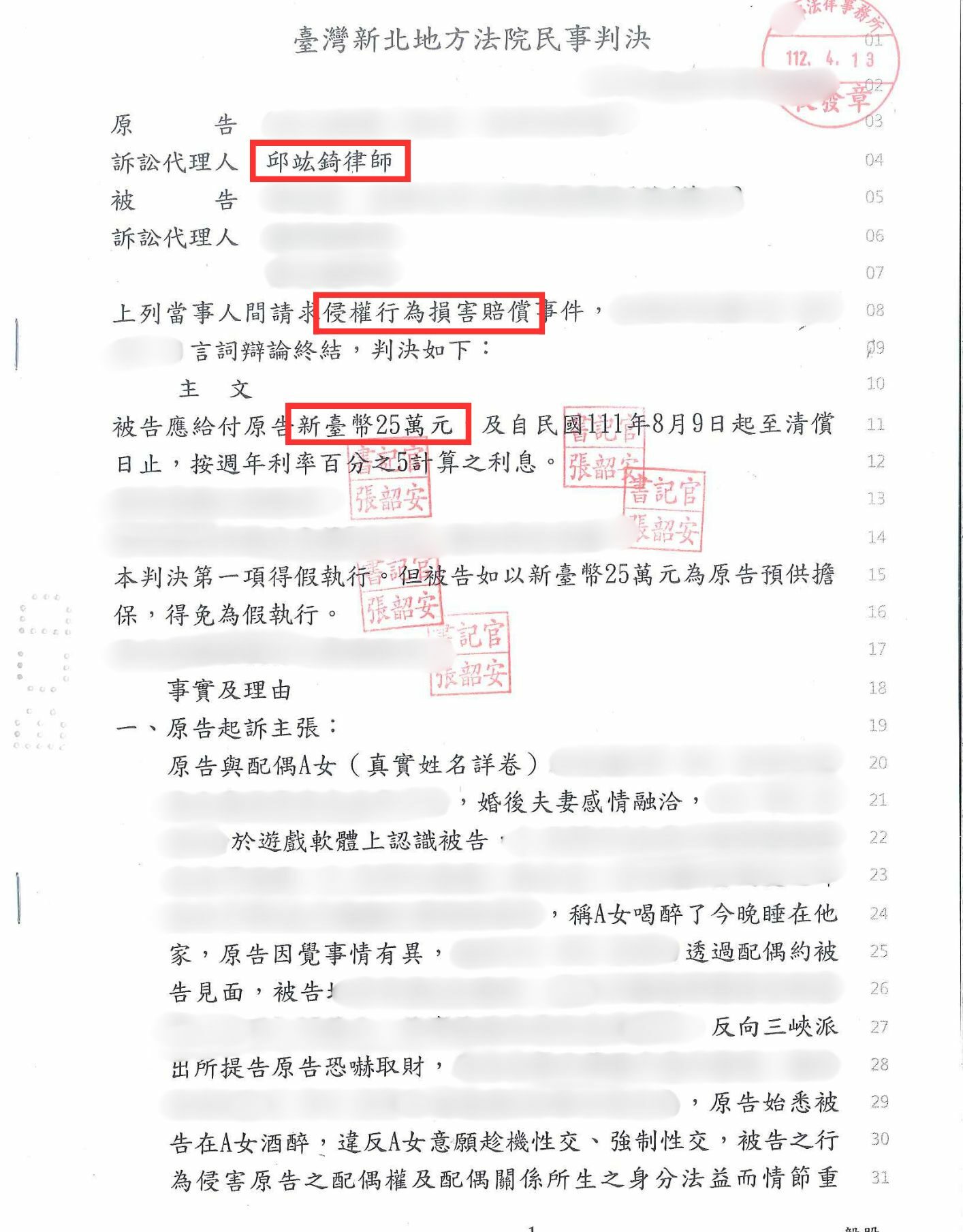 侵害配偶權 損害賠償 勝訴案例